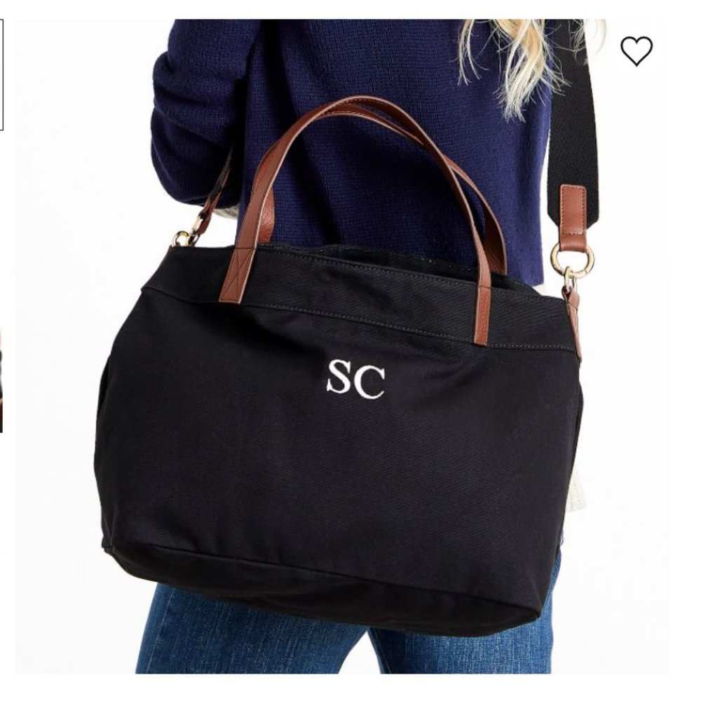 MARK & GRAHAM Black Canvas and Leather Slouch Tote with Handles and Strap